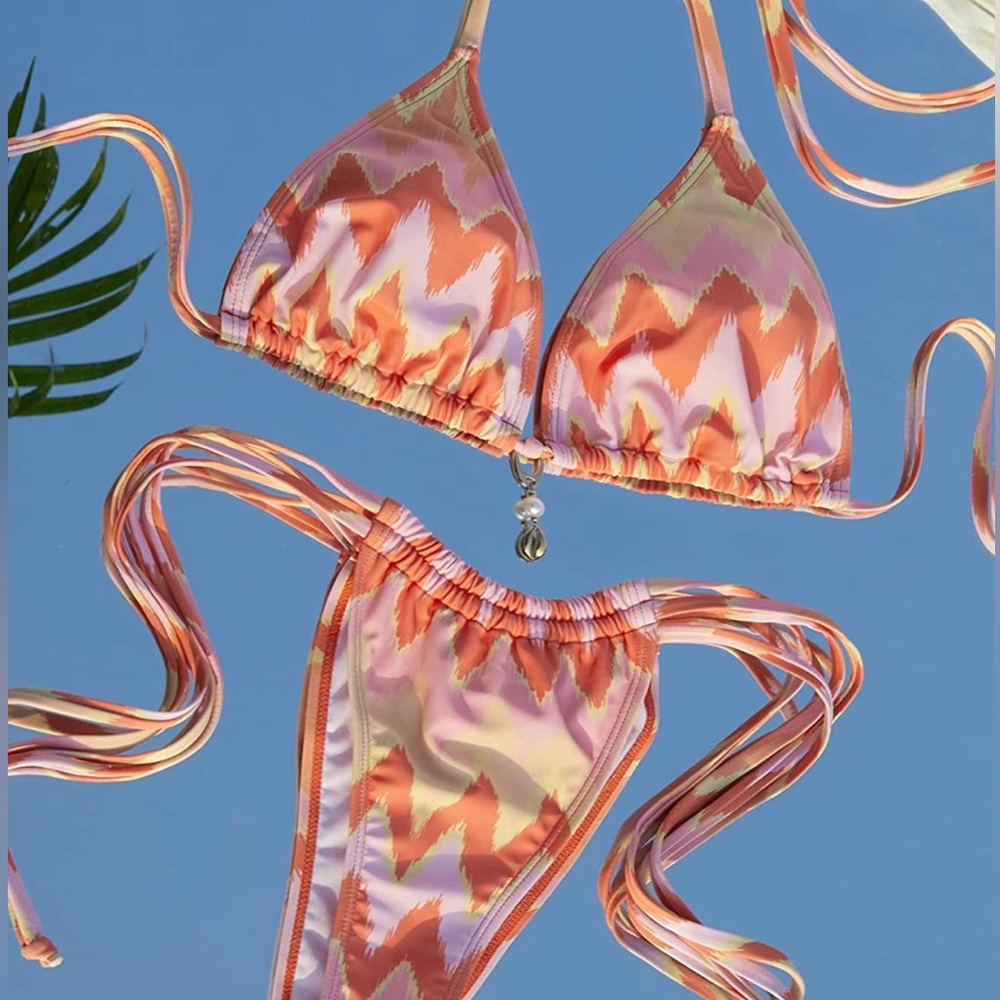 NWT Y2K Retro Stringy Pearl Beaded Triangle 2pc Bikini Set